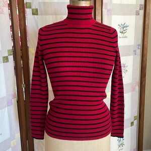 Lauren Ralph Lauren, red/black rib knit cotton, striped, mock turtleneck sweater